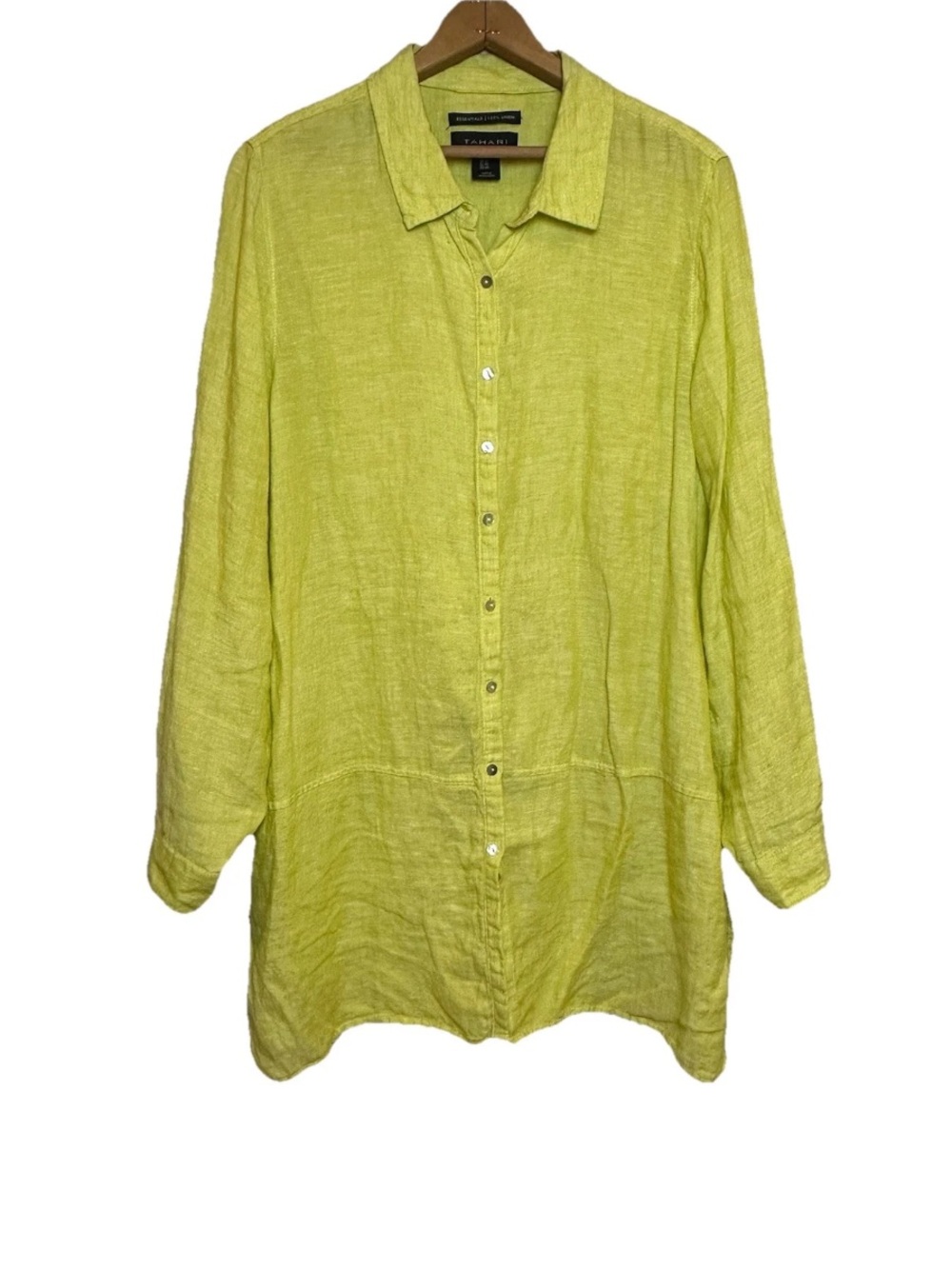 Tahari 100% Linen Tunic Chartreuse Button Up Shirt Roll Tab